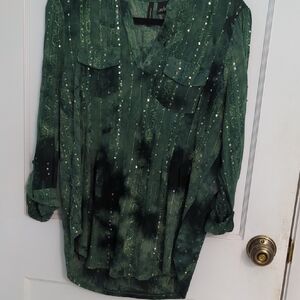 New Directions Sz L Emerald Green 3/4 Sleeve V Neck Sequin Blouse